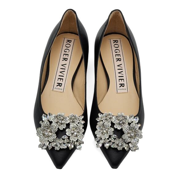 Roger Vivier Flower Strass Leather Ballet Flats in Black - Picture 4 of 9
